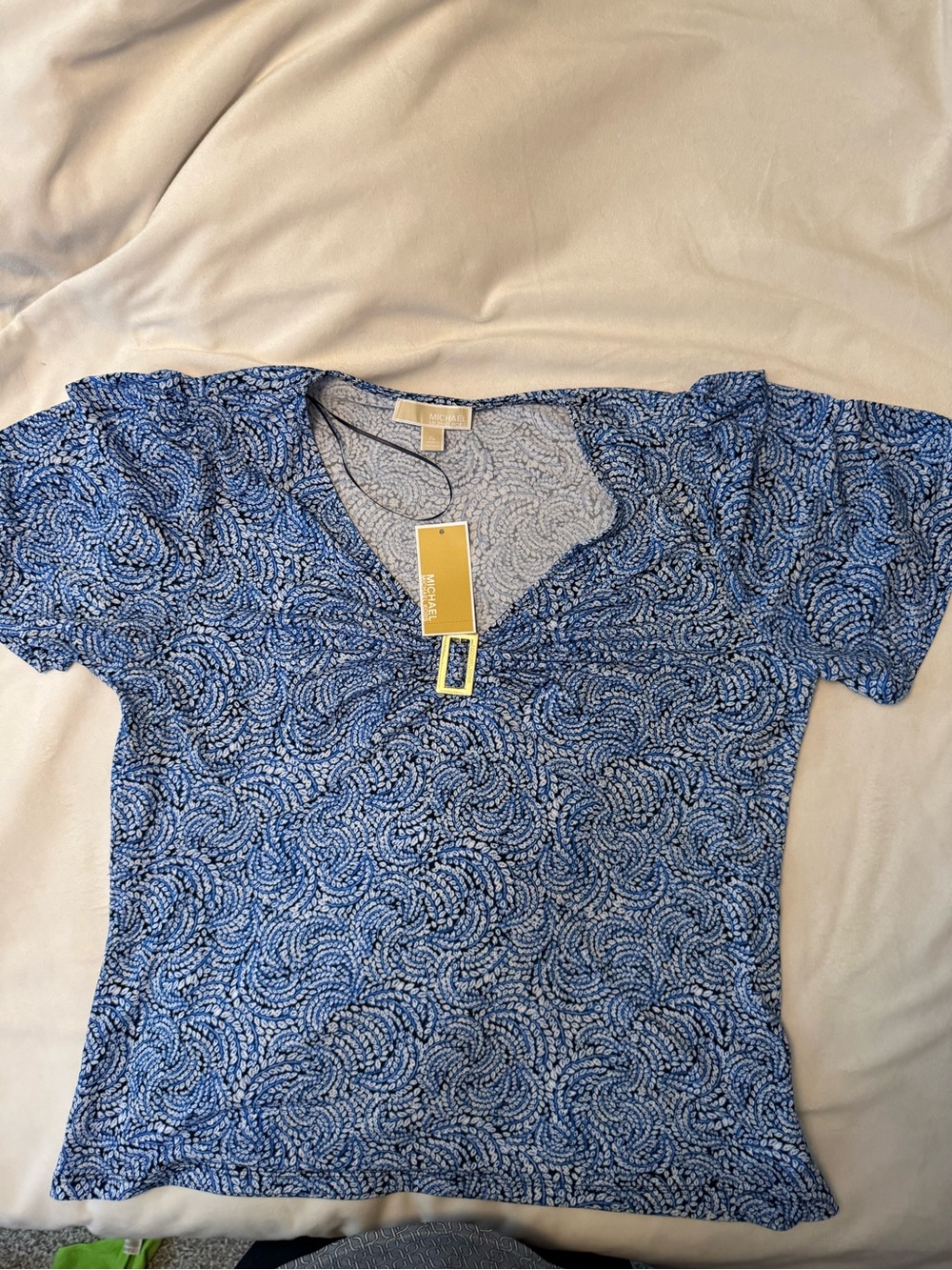 Michael Kors Blue Printed V-Neck Short Sleeve Top